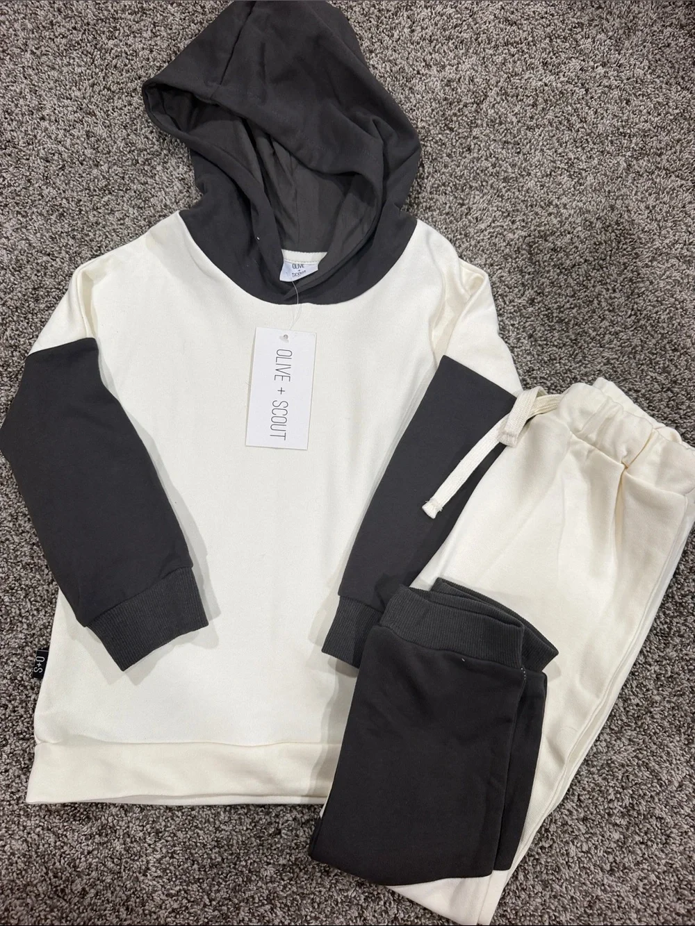 Kids Black & Cream Colorblock Hoodie and Jogger Set